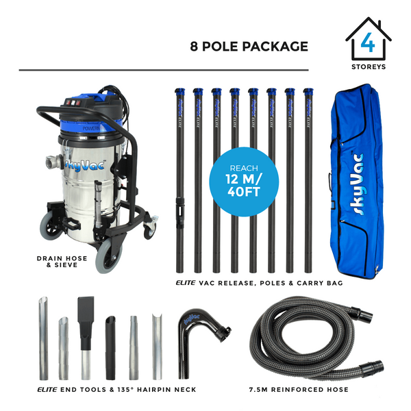 SkyVac Vacuum Cleaner 240v 8 Pole 40ft (12m) SkyVac Industrial 85 With High Reach Pole Set - Triple Motor Machine With Upto 40ft Reach Industrial 85 240v 8 Pole Kit - Buy Direct from Spare and Square