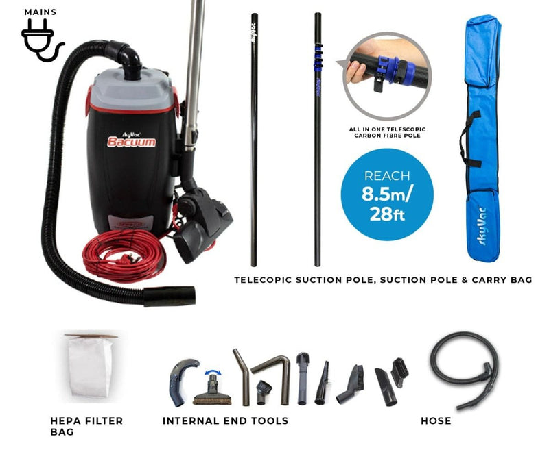 SkyVac Bacuum - High Level Back-Pack Vacuum Cleaner - Mains or Battery - Up To 28ft - Vacuum Cleaner